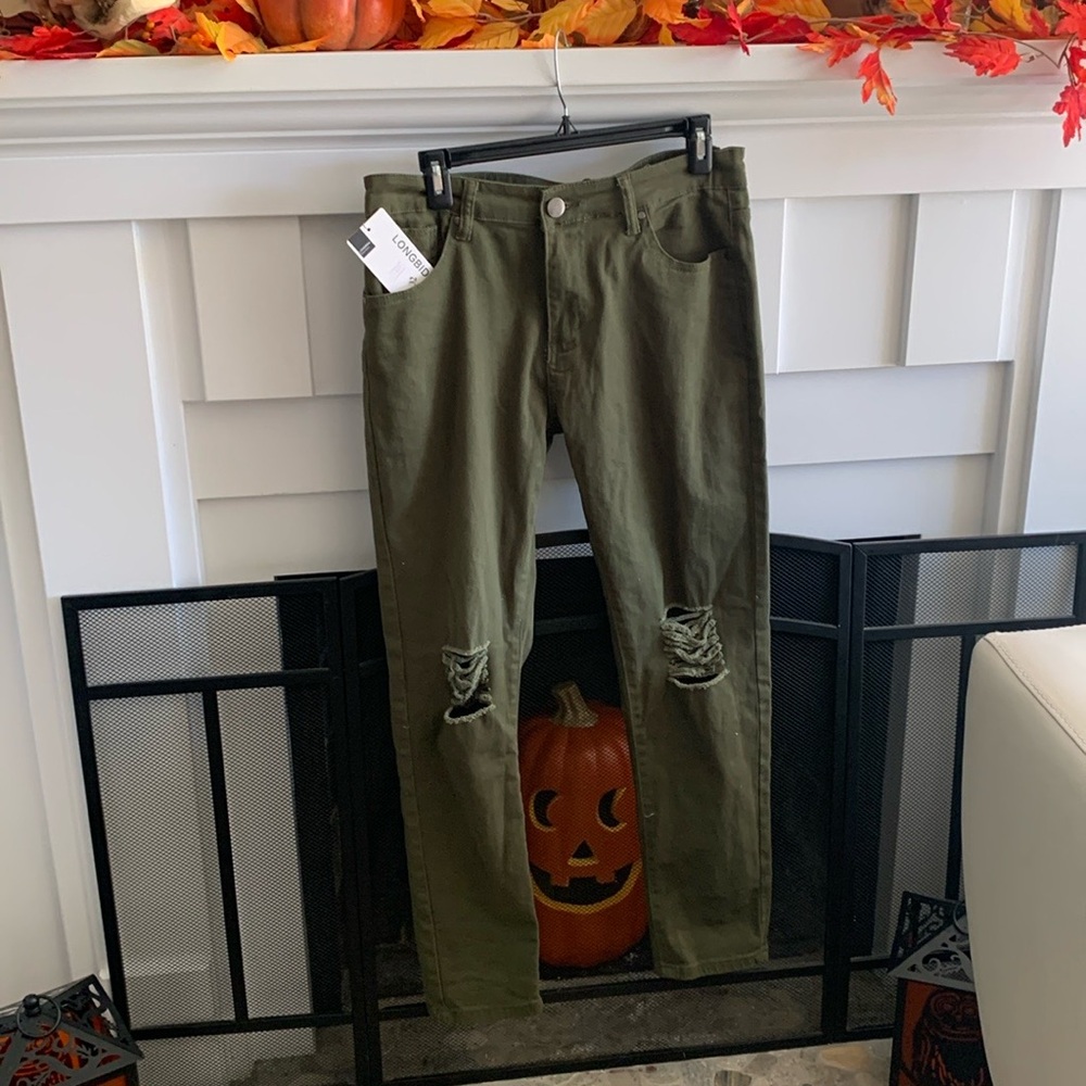 Olive Green Distressed Skinny Jeans, size 32